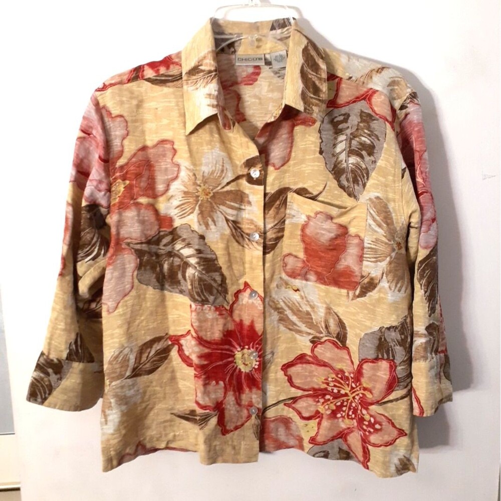 Chico's 0 Top Womens S 4 Multi-Color Floral Silk Linen Button Down Blouse Shirt